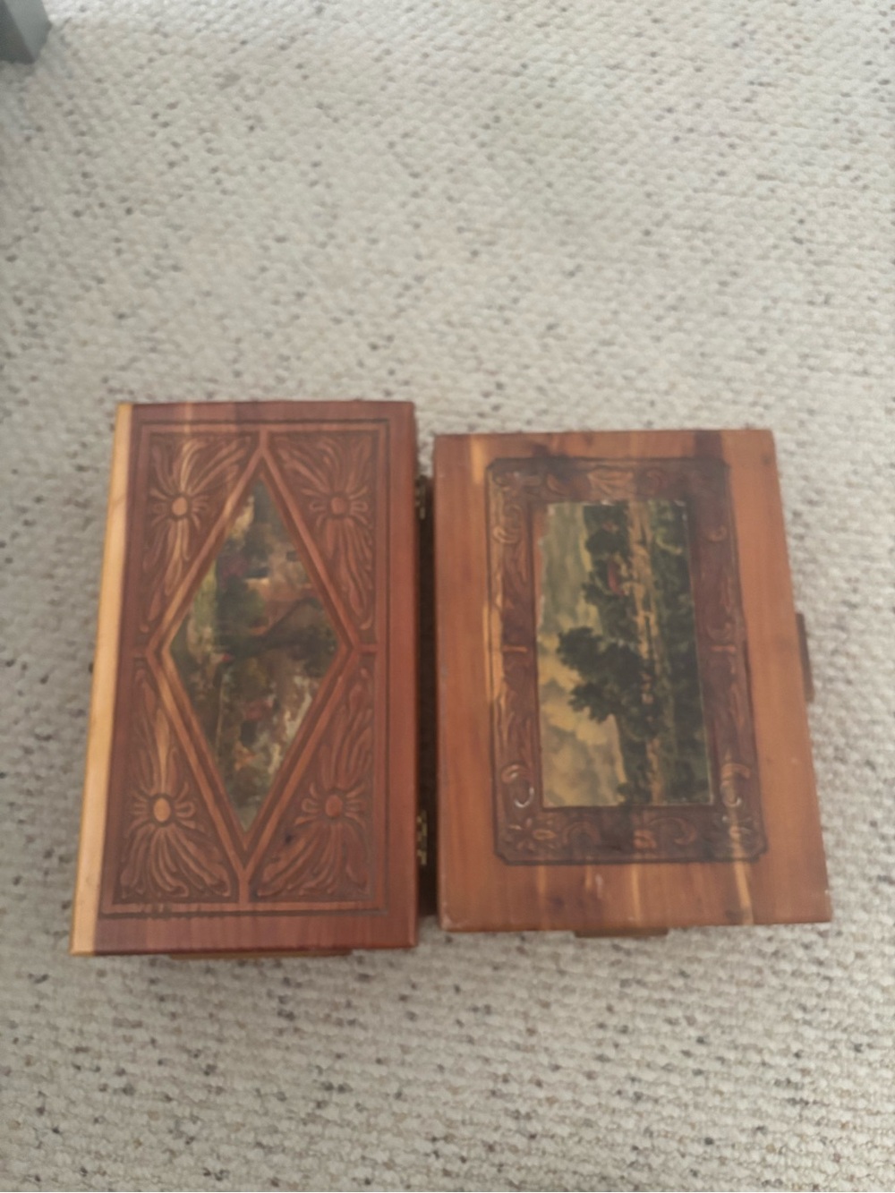 Two wooden vintage cedar carved jewelry boxes